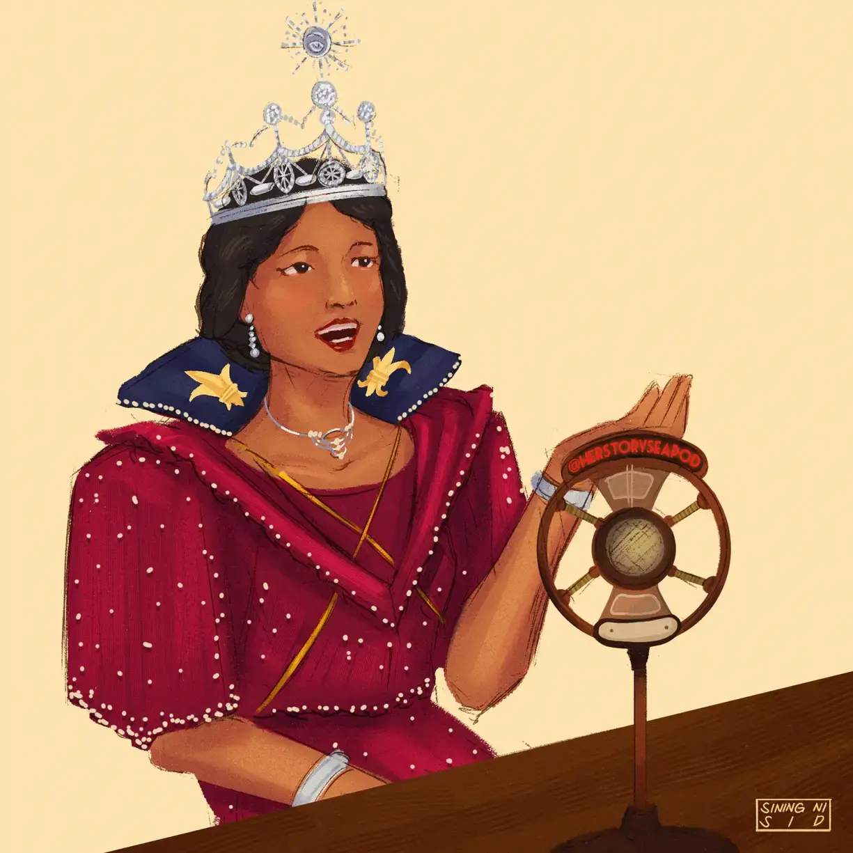 a brown skinned woman in a sparkling red Filipiniana gown with gold and blue embellishments and a silver crown, with a 20s radio mic in front of her