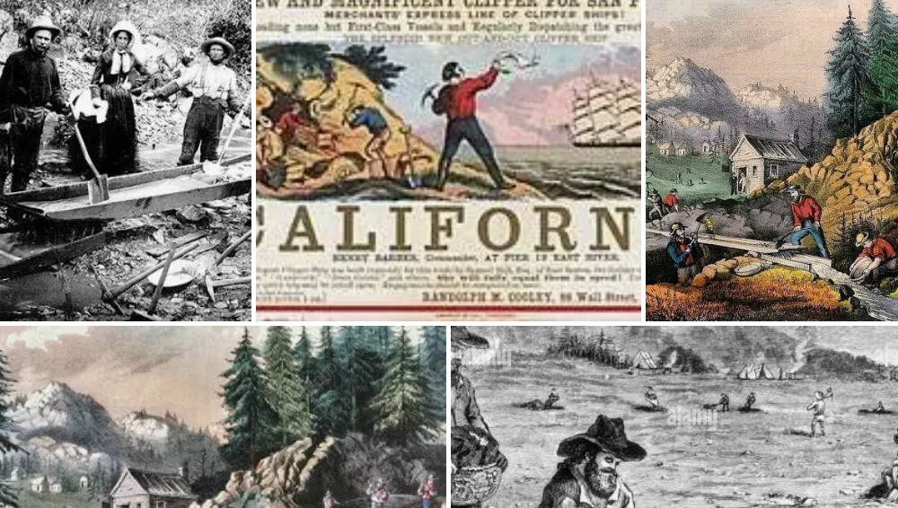 A collage of images relating to the California gold rush of 1849. https://www.britannica.com/topic/California-Gold-Rush